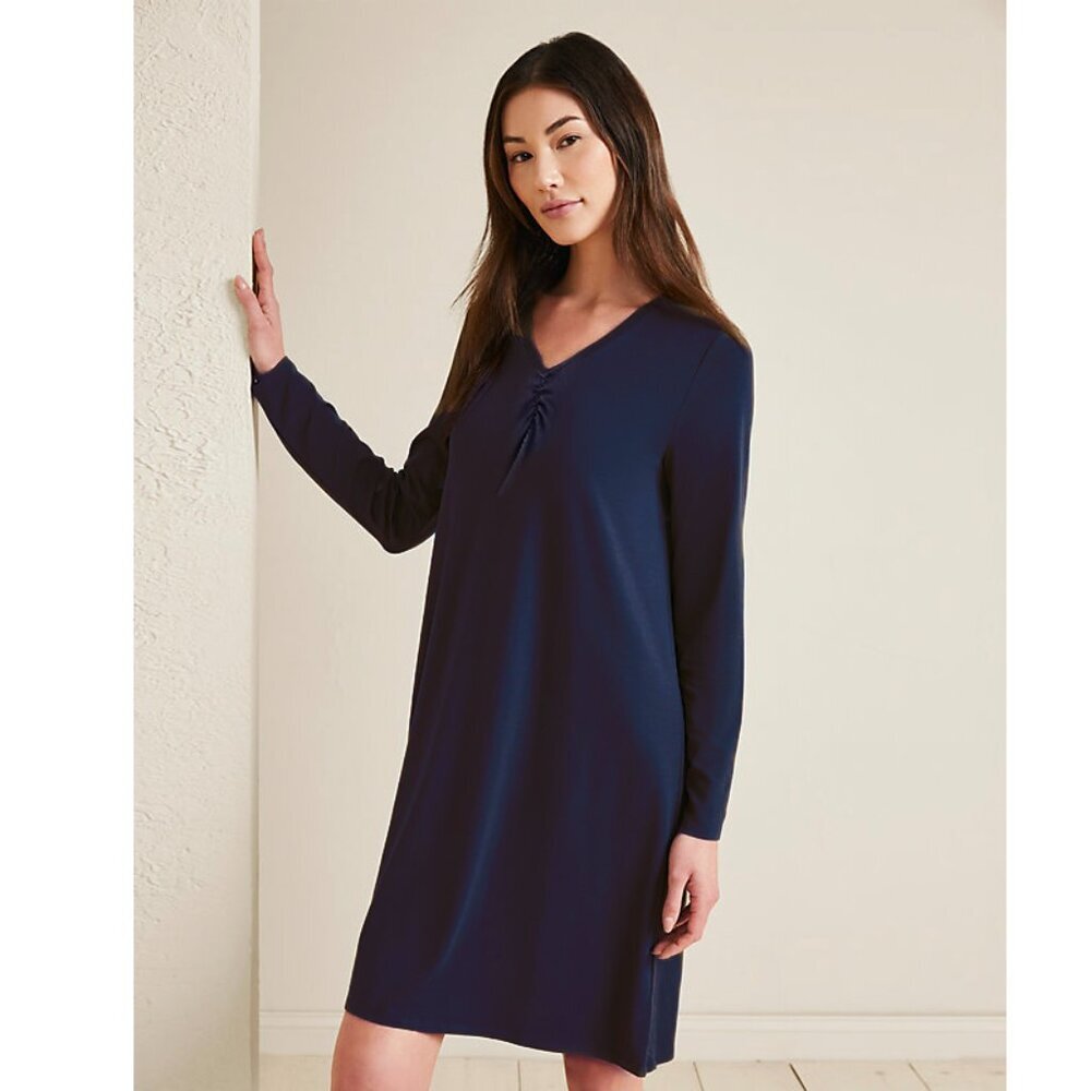 Eileen Fisher Midi Dress V-Neck Long Sleeve Jersey Knit Slinky Drape Navy Medium